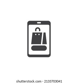 Phone with shopping bag vector icon. filled flat sign for mobile concept and web design. Mobile shopping glyph icon. Symbol, logo illustration. Vector graphics