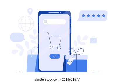 Phone with shopping cart icon at the surface of the smartphone screen. Online ordering concept. Mobile phone with shopping app, gift, shopping bag, discount.  Vector illustration isolated on white