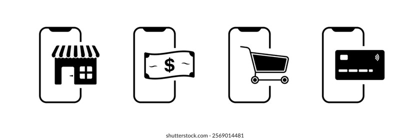 Phone shopping icons. Silhouette and linear style. Vector icons.