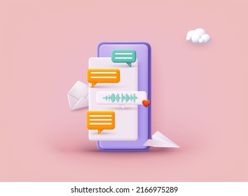 Phone with short messages, audio messages, icons and emoticons. Chatting with friends and sending new messages. 3D Web Vector Illustrations.