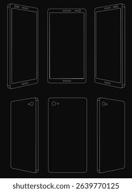 A phone is shown in a series of illustration. Phone is shown from different angles