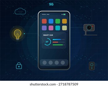 Un teléfono muestra una interfaz de concentrador inteligente con iconos coloridos y visualizaciones de datos vinculadas a dispositivos inteligentes. La escena destaca la integración de la tecnología 5G.