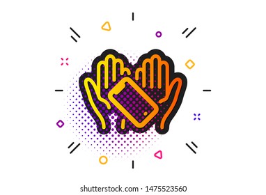 Phone sign. Halftone circles pattern. Smartphone holding icon. Mobile device symbol. Classic flat smartphone holding icon. Vector