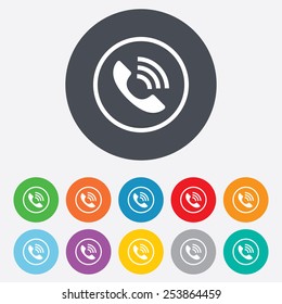 Phone sign icon. Call support center symbol. Communication technology. Round colourful 11 buttons. Vector