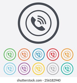 Phone sign icon. Call support center symbol. Communication technology. Round circle buttons with frame. Vector