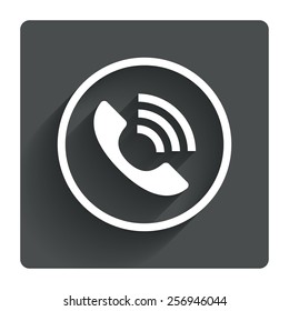 Phone sign icon. Call support center symbol. Communication technology. Gray flat square button with shadow. Modern UI website navigation. Vector