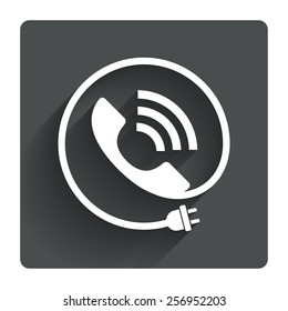 Phone sign icon. Call support center symbol. Communication technology with electric plug. Gray flat square button with shadow. Modern UI website navigation. Vector