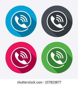 Phone sign icon. Call support center symbol. Communication technology. Circle buttons with long shadow. 4 icons set. Vector