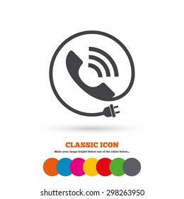 Phone sign icon. Call support center symbol. Communication technology with electric plug. Classic flat icon. Colored circles. Vector