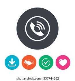Phone sign icon. Call support center symbol. Communication technology. Download arrow, handshake, tick and heart. Flat circle buttons.