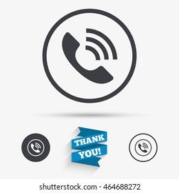 Phone sign icon. Call support center symbol. Communication technology. Flat icons. Buttons with icons. Thank you ribbon. Vector