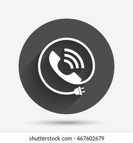 Phone sign icon. Call support center symbol. Communication technology with electric plug. Circle flat button with shadow. Vector