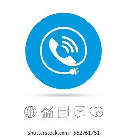 Phone sign icon. Call support center symbol. Communication technology with electric plug. Copy files, chat speech bubble and chart web icons. Vector