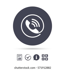 Phone sign icon. Call support center symbol. Communication technology. Report document, information and check tick icons. Currency exchange. Vector
