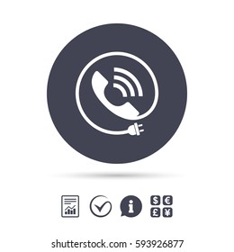 Phone sign icon. Call support center symbol. Communication technology with electric plug. Report document, information and check tick icons. Currency exchange. Vector