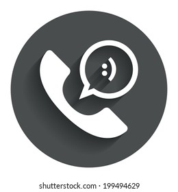 Phone sign icon. Support symbol. Call center. Speech bubble with smile. Circle flat button with shadow. Modern UI website navigation. Vector