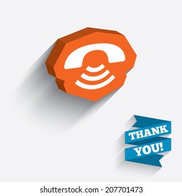Phone sign icon. Support symbol. Call center. White icon on orange 3D piece of wall. Carved in stone with long flat shadow. Vector