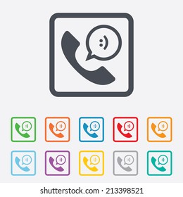 Phone sign icon. Support symbol. Call center. Speech bubble with smile. Round squares buttons with frame. Vector