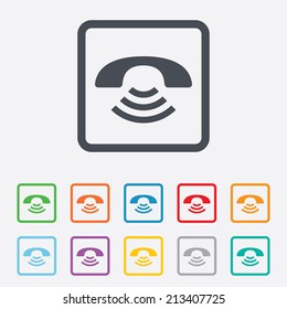 Phone sign icon. Support symbol. Call center. Round squares buttons with frame. Vector