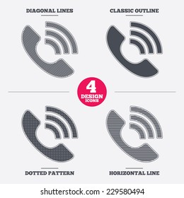 Phone sign icon. Support symbol. Call center. Diagonal and horizontal lines, classic outline, dotted texture. Pattern design icons.  Vector