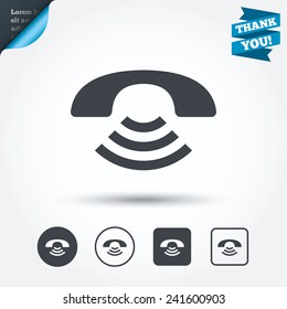 Phone sign icon. Support symbol. Call center. Circle and square buttons. Flat design set. Thank you ribbon. Vector