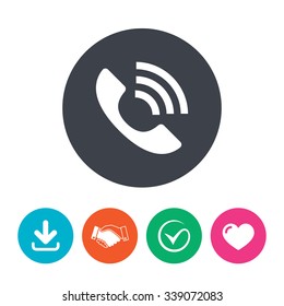 Phone sign icon. Support symbol. Call center. Download arrow, handshake, tick and heart. Flat circle buttons.