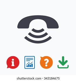 Phone sign icon. Support symbol. Call center. Information think bubble, question mark, download and report.