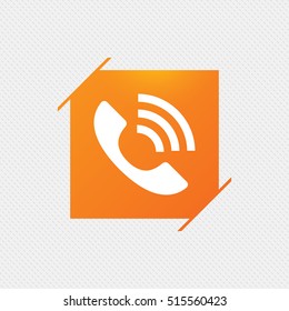 Phone sign icon. Support symbol. Call center. Orange square label on pattern. Vector