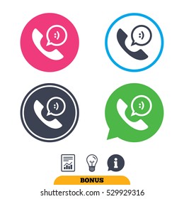 Phone sign icon. Support symbol. Call center. Speech bubble with smile. Report document, information sign and light bulb icons. Vector
