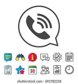 Phone sign icon. Support symbol. Call center. Information, Report and Calendar signs. Group, Service and Chat line icons. Vector