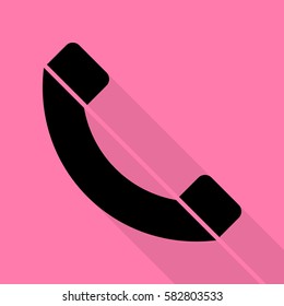 Phone sign illustration. Black icon with flat style shadow path on pink background.