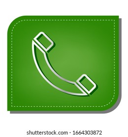 Ilustración de signo de teléfono. Icono de línea de gradiente plateado con sombra verde oscuro en hoja verde con parches ecológicos. Ilustración.