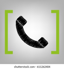 Phone sign illustration. Vector. Black scribble icon in citron brackets on grayish background.