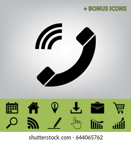 Phone sign illustration. Vector. Black icon at gray background with bonus icons at celery ones
