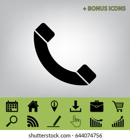 Phone sign illustration. Vector. Black icon at gray background with bonus icons at celery ones