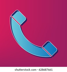 Phone sign illustration. Vector. Blue 3d printed icon on magenta background.