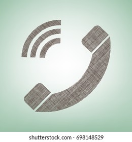Phone sign illustration. Vector. Brown flax icon on green background with light spot at the center.