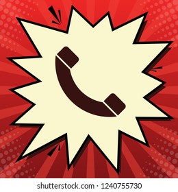 Phone Sign Illustration. Vector. Dark Red Icon In Lemon Chiffon Shutter Bubble At Red Popart Background With Rays.