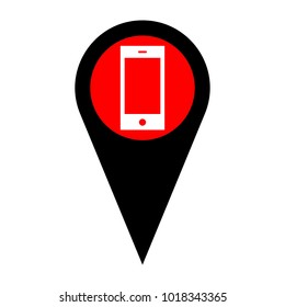 Phone sign illustration. Vector. Flat white icon in red circle at black marker on white background. Isolated.