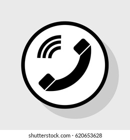 Phone sign illustration. Vector. Flat black icon in white circle with shadow at gray background.
