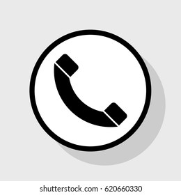 Phone sign illustration. Vector. Flat black icon in white circle with shadow at gray background.
