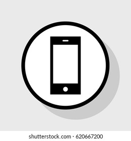 Phone sign illustration. Vector. Flat black icon in white circle with shadow at gray background.