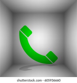 Phone sign illustration. Vector. Green icon with shadow in the room.
