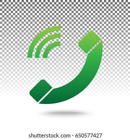 Phone sign illustration. Vector. Green gradient icon with shadow at bottom on transparent and white background.
