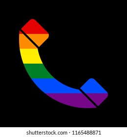 Phone sign illustration. Vector. Icon with colors of LGBT flag at black background.