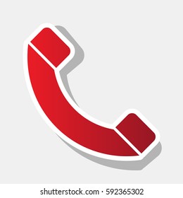 Phone sign illustration. Vector. New year reddish icon with outside stroke and gray shadow on light gray background.