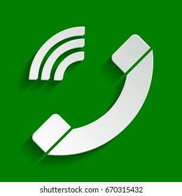 Phone sign illustration. Vector. Paper whitish icon with soft shadow on green background.