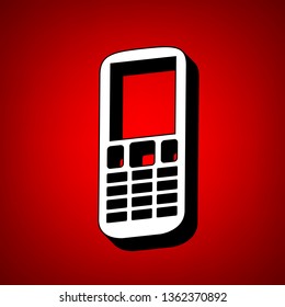 Phone sign illustration. Vector. Perspective view of white icon with black outline at reddish background.