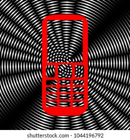 Phone sign illustration. Vector. Red icon on white and black radial interference as background.