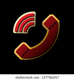Phone sign illustration. Vector. Red icon with small black and limitless shadows at golden sticker on black background.